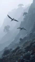 Majestic Birds Flying Over Misty Mountains in Atmospheric Landscape