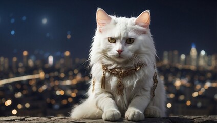 White Cat Watches City at Night