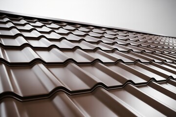 Fototapeta premium a close-up, angled view of a section of a brown metal tile roof, highlighting its distinct corrugated pattern and sleek finish.