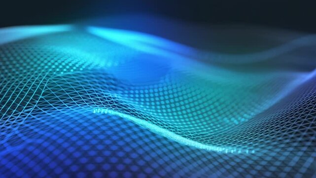 Abstract blue wave vector design with futuristic digital halftone dots and flowing lines