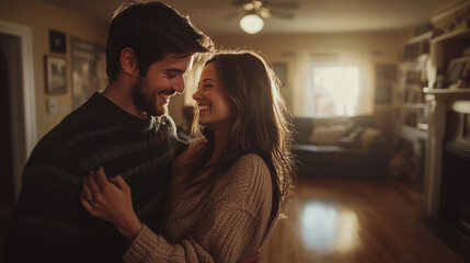 a couple dancing and laughing in their living room