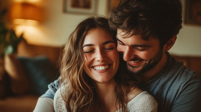a couple dancing and laughing in their living room