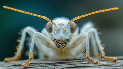 Macro closeup of insect face. Insect face macro photo. Details of eyes and antennae clearly visible.
