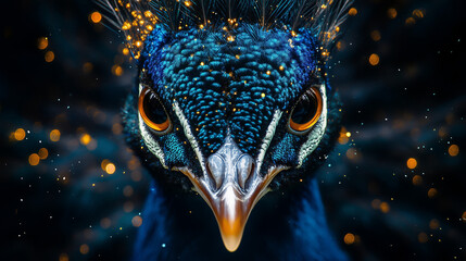 Peacock closeup portrait with glowing feathers. Close portrait of peacock face. Bright feathers and glowing details.