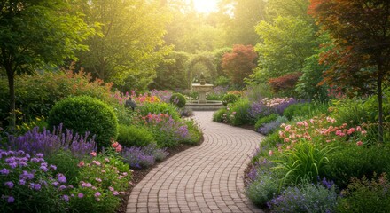 Obraz premium Sunlit Garden Path with Colorful Flowers and Lush Greenery