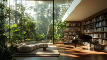 Home library with piano and large windows. Bookshelves fill bright library. Grand piano and plants near glass walls. Peaceful reading space.