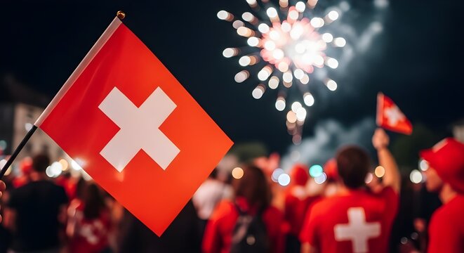 Swiss Independence Day celebration showing flag of Switzerland with crowd and fireworks at night
