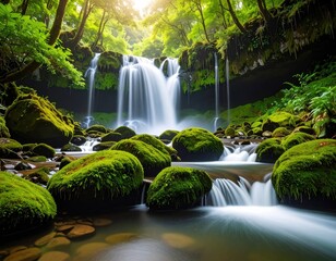 Lush waterfall cascading through mossy rocks (4)