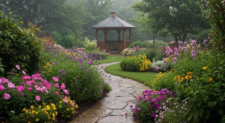 Naklejka premium Rain-Kissed Garden with Wooden Gazebo and Colorful Flowers