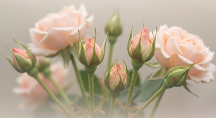 Fototapeta premium Pale Pink Rose Buds and Blossoms Close Up