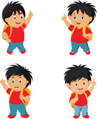 Cute cartoon boy in red shirt blue pants and backpack pointing up