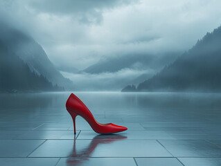 Red high heel shoe in misty landscape. Single red high heel on wet floor. Misty mountains in background. Surreal fashion concept