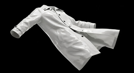 A pristine white trench coat floats against a dark background in elegant fashion