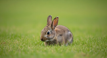 Cute Brown Rabbit Eating Grass in Green Field