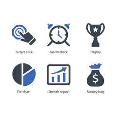 Target click, Alarm clock, Trophy, Pie chart, Growth report, Money bag, icon