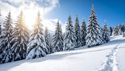 Snowy Pine Forest Landscape Explore serenity of a winter wonderland with majestic pine trees under a sunny sky on a snow-covered slope