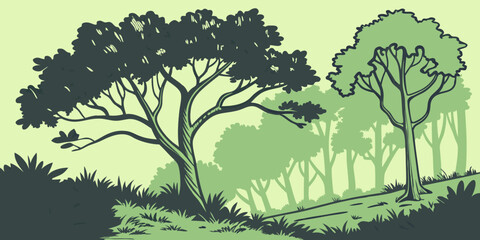 3d Rendering  ,unique, seamless drawn illustration of a forest in Autumn green black background vector illustration.