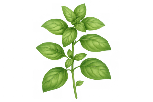 Realistic illustration of a basil plant with vibrant green leaves, isolated on a transparent background - Powered by Adobe