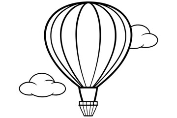 Obraz premium Black and White Illustration of Striped Hot Air Balloon Floating Between Clouds – Adventure, Travel, and Minimalist Airborne Concept 