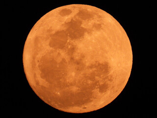 Close-Up of Full Orange Moon in the Night Sky.