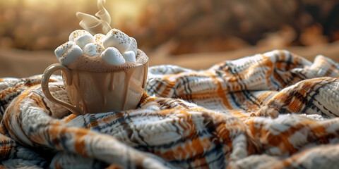 Hot Beverage with Marshmallows on a Plaid Blanket Outdoors

