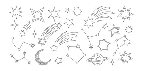 Obraz premium Celestial Outlines Stars, Comets, Constellations, and Planet on White
