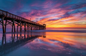Obraz premium colorful sunrise over the beach with a pier.