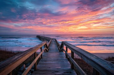 Fototapeta premium A long wooden bridge extends into the sea at sunset, symbolizing hope and future possibilities