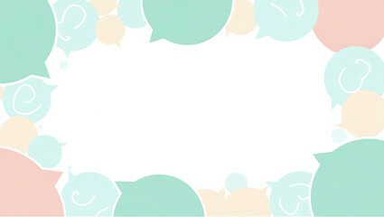 A frame of colorful speech bubbles surrounds a blank white space, creating a visual border.