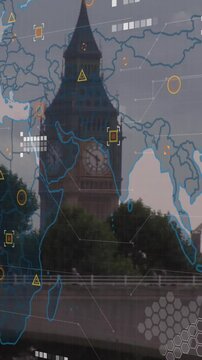 Animation of financial data processing and world map over london cityscape