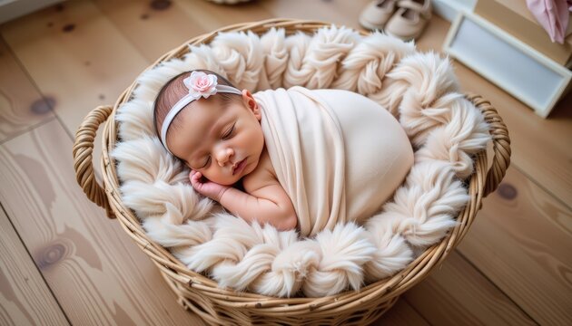 newborn baby girl sleeping in a round wicker basket lined with thick faux fur