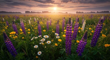 Naklejka premium Vibrant Wildflower Meadow at Sunrise