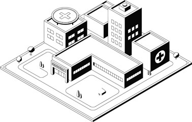 Isometric black and white illustration of a hospital with emergency entrance car