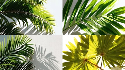 Fototapeta premium Tropical leaves collage against white walls, dappled light