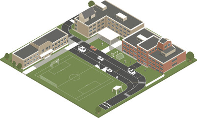 Isometric view of a school campus with buildings and a soccer field and vehicles road