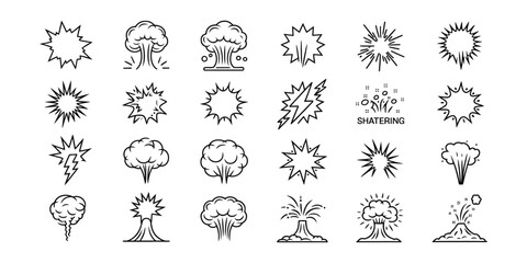 Explosions Outlines with Sparkles and Thunderbolts in Black and White on Transparent