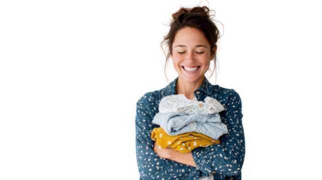 Cheerful woman holding freshly laundered clothes, smiling with joy, on a brightly lit background.
