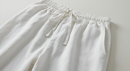 Close-up shot of white linen pants with drawstring detail on a neutral background