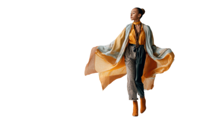 Confident woman in stylish outfit, gracefully posing with flowing fabric, isolated on white background.