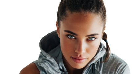 Confident woman in sportswear, intense gaze, athlete lifestyle, isolated on a white background.