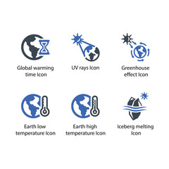 warming time, UV rays, Greenhouse effect, low temperature, high temperature, Iceberg melting, icon