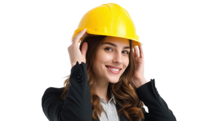 Confident woman wearing a yellow hard hat, smiling while adjusting her helmet, white isolated background.