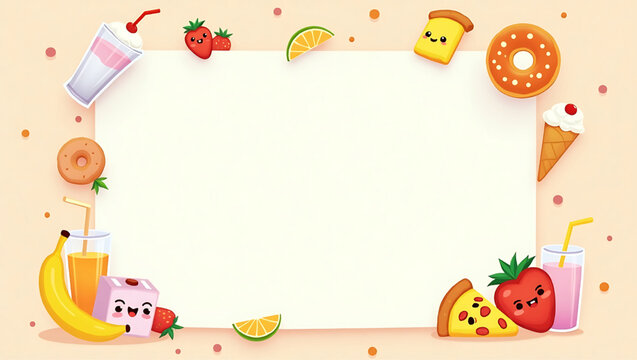 Adorable kawaii food characters surround a blank sign, perfect for a menu or message.
