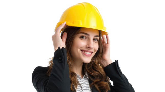 Confident woman wearing a yellow hard hat, smiling while adjusting her helmet, white isolated background.