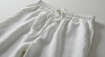Close-up view of white linen drawstring pants details on a light background