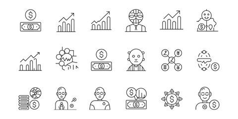 Fintech Line Icons Set with Finance, Data Analysis and AI Symbols on Transparent Background