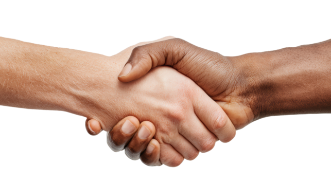 Diverse hands shaking in agreement, symbolizing unity and collaboration, isolated on a white background. - Powered by Adobe