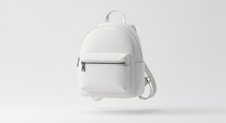 Contemporary minimalist white backpack floating against a plain white studio background