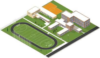 Aerial isometric view of a school complex with buildings and sports facilities shown