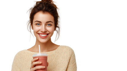 Happy woman holding a smoothie in cup, smiling brightly against a white background.